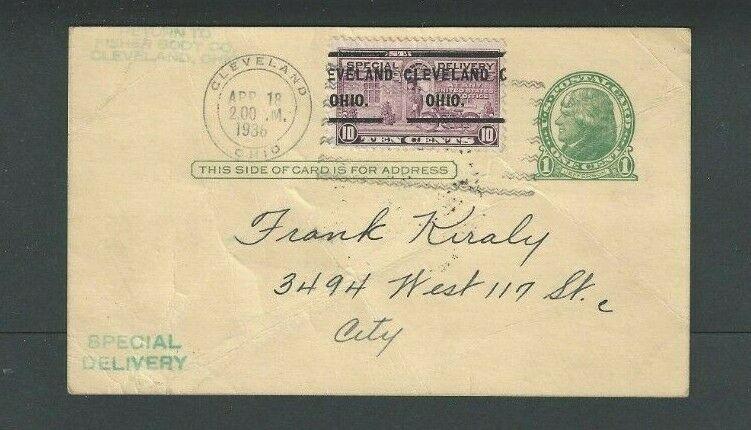 1935 Special Delivery Stamp On Postal Card UX27 Scarce W/Cleveland Precancel