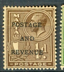 MALTA; 1928 early GV Postage & Revenue issue Mint hinged 1/4d. value