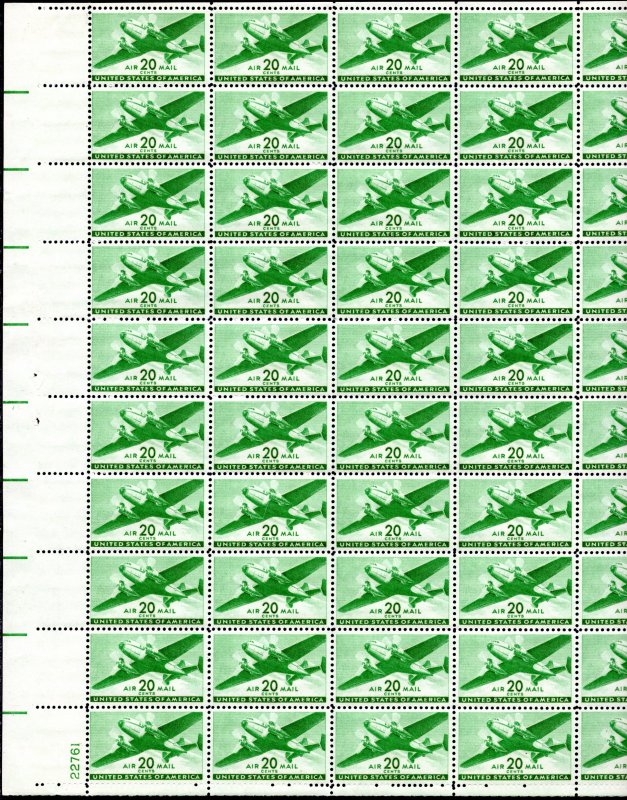 C29 MNH pane 20¢ Transport Plane - no per item S&H fee