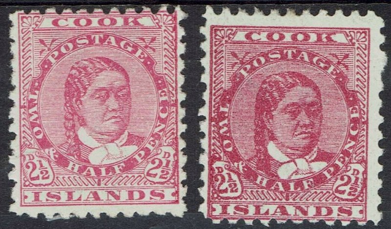 COOK ISLANDS 1893 QUEEN 21/2D BOTH SHADES WMK UPRIGHT PERF 11