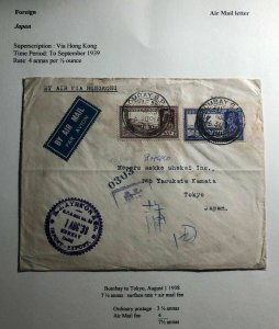 1938 Bombay India Airmail Cover To Tokyo Japan Via Hong Kong