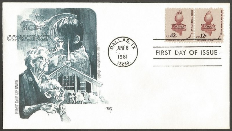 US FDC.1981 FREEDOM OF CONSCIENCE AN AMERICAN RIGHT 12C STAMPS. DALLAS,TX