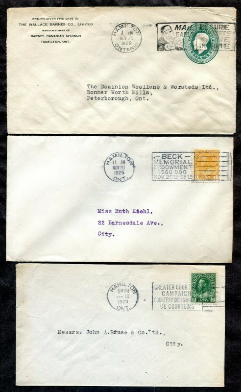 p956 - HAMILTON Lot of (3) Corner Covers with Slogan Cancels