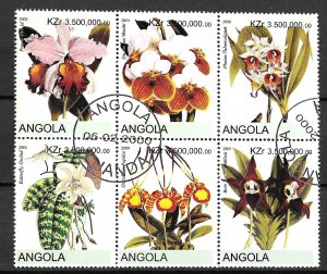 Angola USED Block Of 6 Flora Orchids 2000