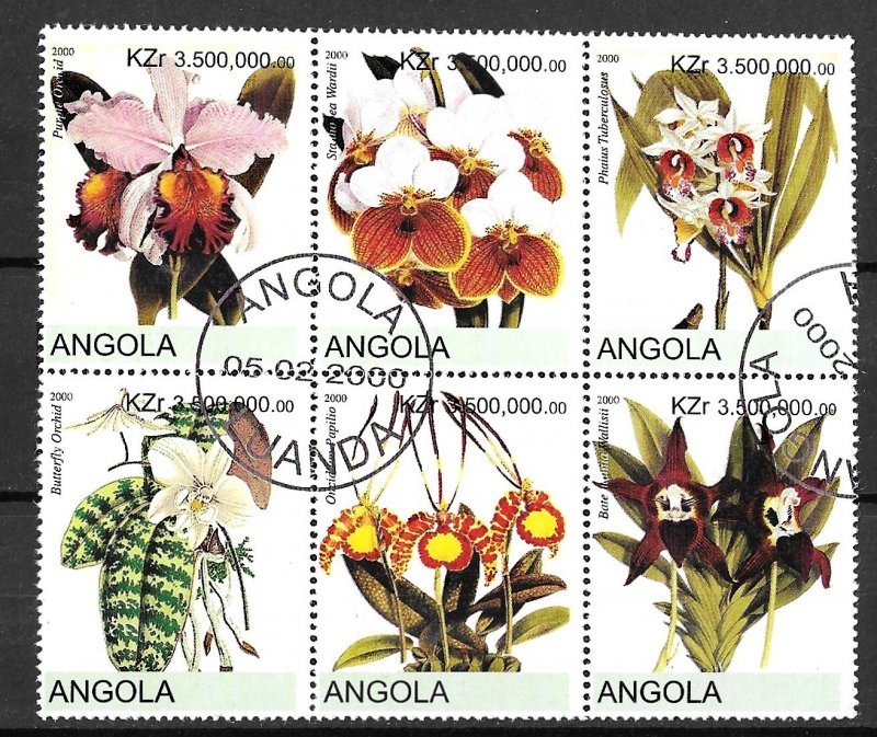Angola USED Block Of 6 Flora Orchids 2000