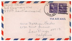 Prexie 3c pair used airmail from Navy 1504 Midway Island, 1949