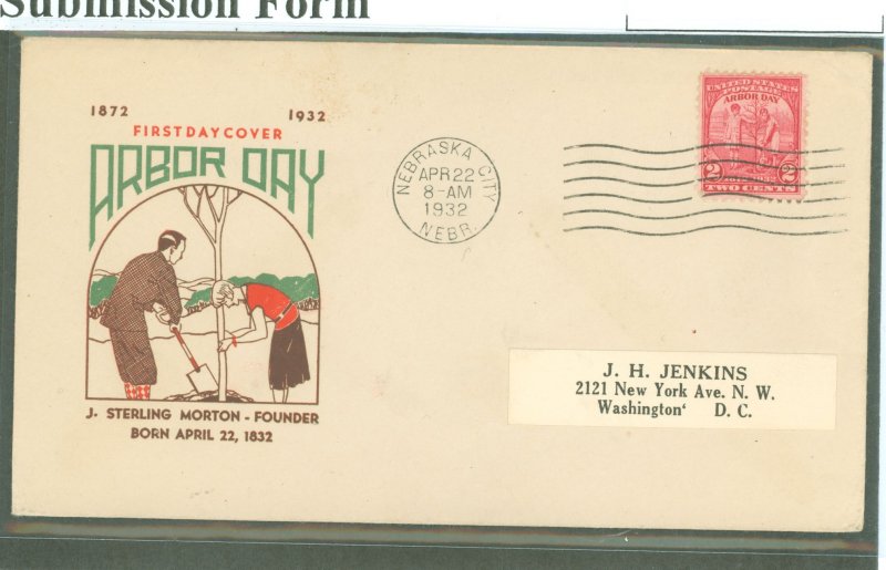 US 717 1932 2c Arbor Day 60th anniv on an addressed (label) FDC with a Jenkins cachet