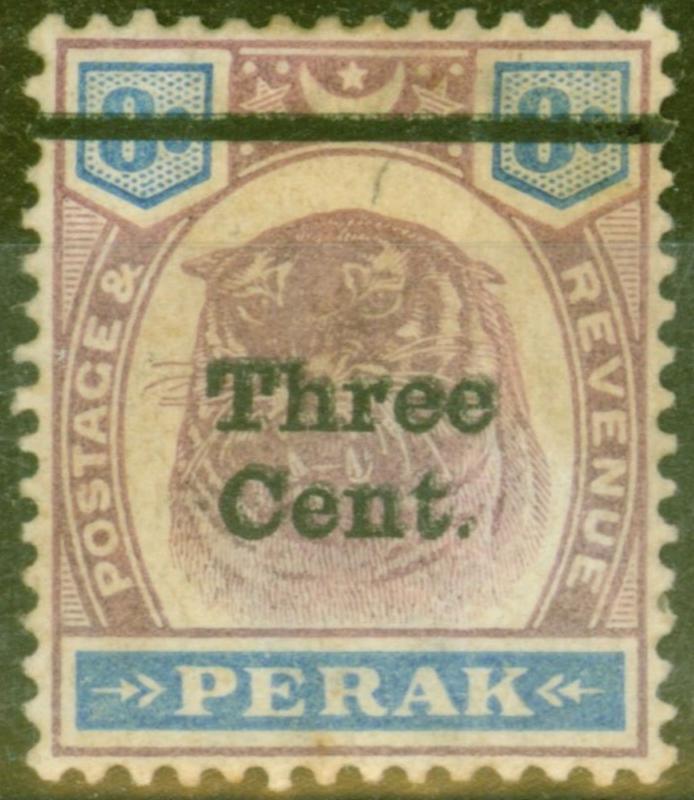 Perak 1900 3c on 8c Dull Purple & Ultramarine SG84a Surch Double Good Unused Sca