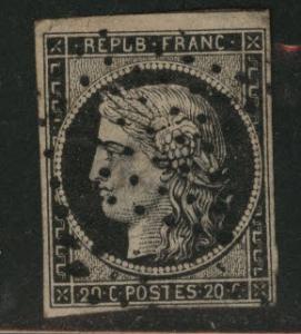 FRANCE Scott 3 Imperforate Ceres 1849  CV $45 lovely stamp but thinned