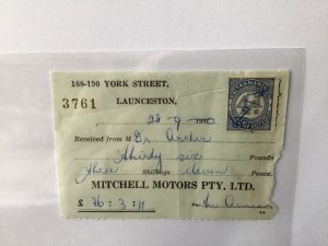 Tasmania Duty Stamp on 1950 on Mitchell Motors Lanceston Receipt Ref R28030