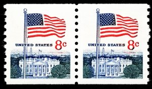 US 1338G MNH VF 8 Cent Flag Coil Pair Perforated 10 Vertically Block Tagging