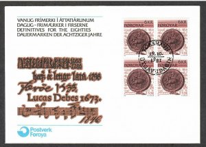 Faroe Islands # 68 block of 4 , Historic Writing FDC - I Combine S/H