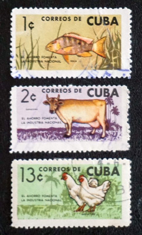 Cuba Sc# 838-840  NATIONAL INDUSTRY fish cow chickens CPL SET of 3 1964 used cto