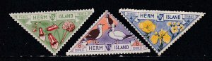 Herm Island, 3 Triangle Stamps with Birds & Flowers, Unused