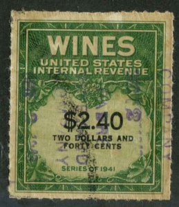 USA SC# RE153 Wine Revenue series  $2.40 series 1941 Used