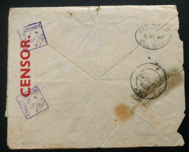 1940 Aden Refugee Camp WWI Registered Censored Cover Tel Aviv Palestine Judiaca