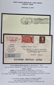 1947 Dublin Ireland First flight airmail Cover FFC to Rome Italy Only 20 carried