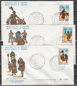 Cameroun, Scott cat. 569-571. Native Musicians & Dancers. 3 First day Covers. ^