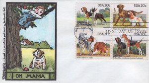 T.M. Weddle Hand Painted FDC for the 1984 American Dogs Issue - Block of 4