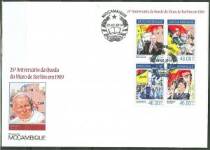 MOZAMBIQUE  2014 25th ANNIVERSARY FALL OF BERLIN WALL REAGAN GORBACHEV SHEET FDC