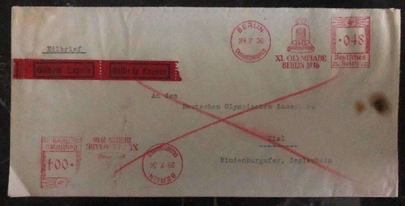 1936 Berlin Germany Olympics Meter Cancel Express Cover To Kiel