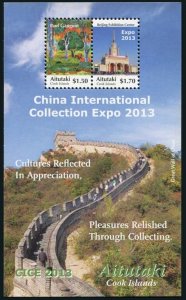 Aitutaki 614 ab sheet, MNH. China Collection EXPO 2013. Paul Gauguin,Great Wall.