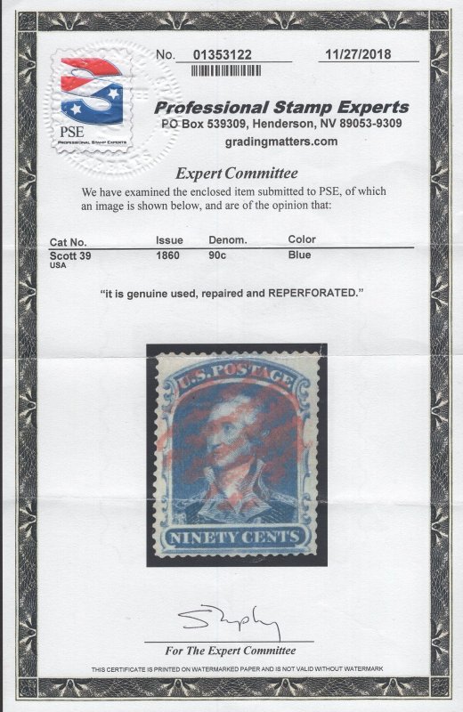 CERTIFIED US Stamp #39 90c Blue Washington USED SCV $11,000. PSE CERT.