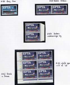 GB 1967 EFTA phosphor 9d r8/3 quay flaw, 1/6d r11/3 broken ribbon, r13/6 fusel