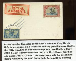 Scott #C11 Beacon Special Kitty Hawk 1929 Cancel Roessler Holiday Greeting Card