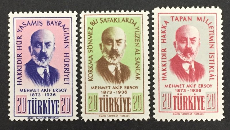 Turkey 1956 #1219-21, Mehmet Akifersoy, MNH.