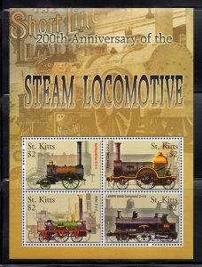 St. Kitts 2004 $2.00 Mini Sheet of 4 Steam Locomotive, Scott 596 MNH