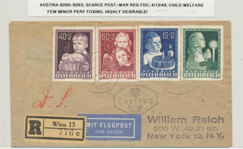 AUSTRIA 1949 CHILD WELFARE SET ON FIRST DAY COVER, REG TO USA (SEE BELOW)