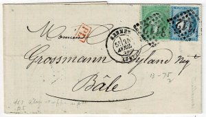 France 1872 Rennes cancel on cover to Switzerland, mixed franking, Scott 23, 58