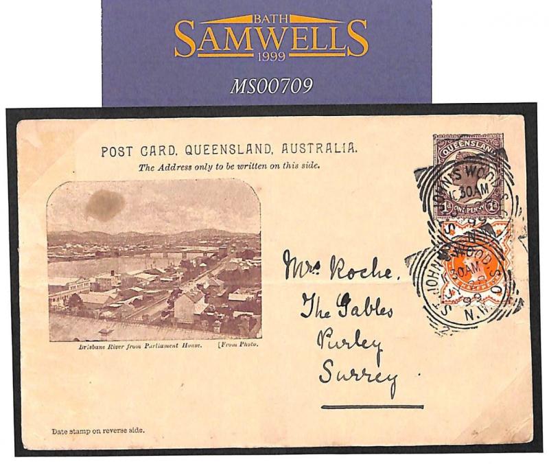 QUEENSLAND CARD USED GB/Australia Mixed Franking 1899 Squared Circle Cover MS709