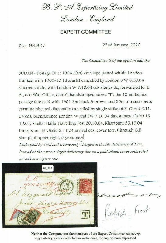 Sudan 1904 Incoming Abdeckung England, 20m Halbieren Versand Due, Bpa Zertifikat