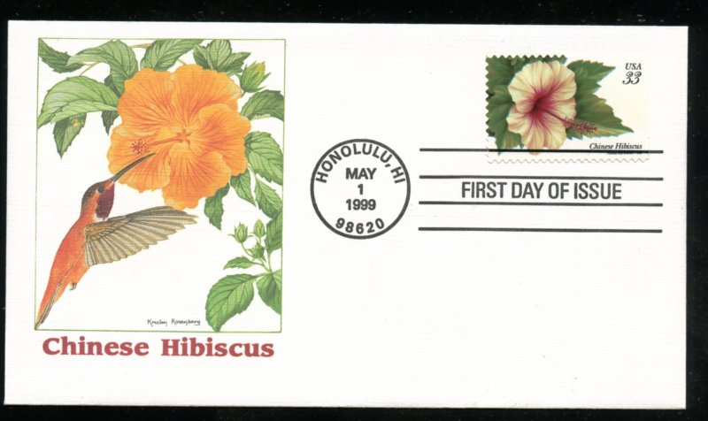 US 3313 Tropical Flowers - Chinese Hibiscus UA Fleetwood cachet FDC