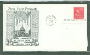 US 850 1939 2c John Adams (presidential/prexy series) single vertical coil on an unaddressed first day cover with an Historic ar