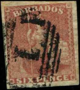 Barbados SC# 8 SG# 11 Britannia 6d Imperf Used