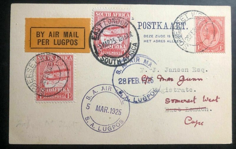 1925 Somerset South Africa First Flight Postcard Cover FFC to East London