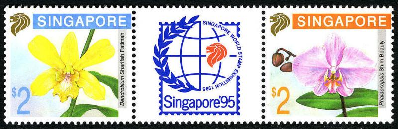 Singapore 615-616a pair/label, MNH. Orchids, 1992