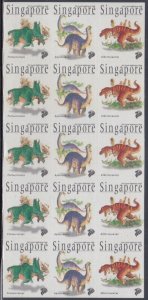 SINGAPORE Sc #833a CPL MNH BOOKLET PANE of 15, 5 EACH of 3 DIFF - DINOSAURS