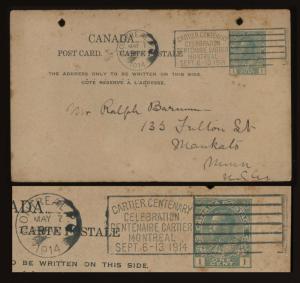 1914 CANADA Cartier Centenary Celebration Montreal Cancel  Postal Card to US