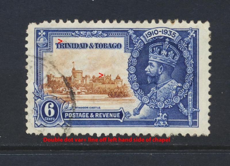 TRINIDAD & TOBAGO 1935 SILVER JUBILEE 6c DOUBLE VAR USED SG#241v (SEE BELOW) 