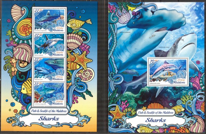 Maldive Islands 2016 Marine Life Sharks Sheet + S/S MNH