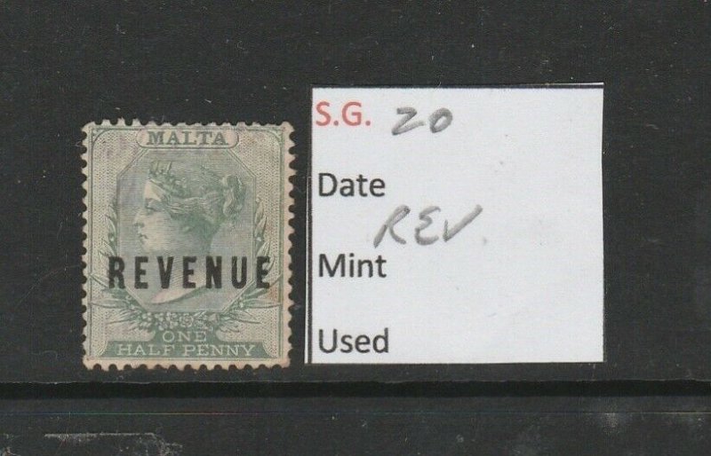 MALTA SG 20 1/2d Green, Revenue Stamp QV 1885.
