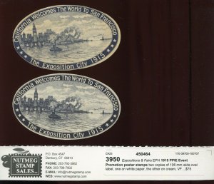 2 VINTAGE 1915 PPIE OVAL 'THE EXPOSITION CITY' PROMOTION POSTER STAMPS (L1180)