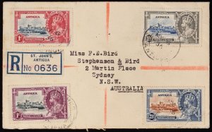 ANTIGUA 1935 Registered cover franked KGV Silver Jubilee set. To Sydney.