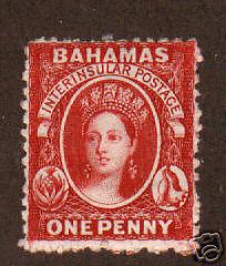 Bahamas Sc 11a MLH. 1863 1p brown lake QV, scarce