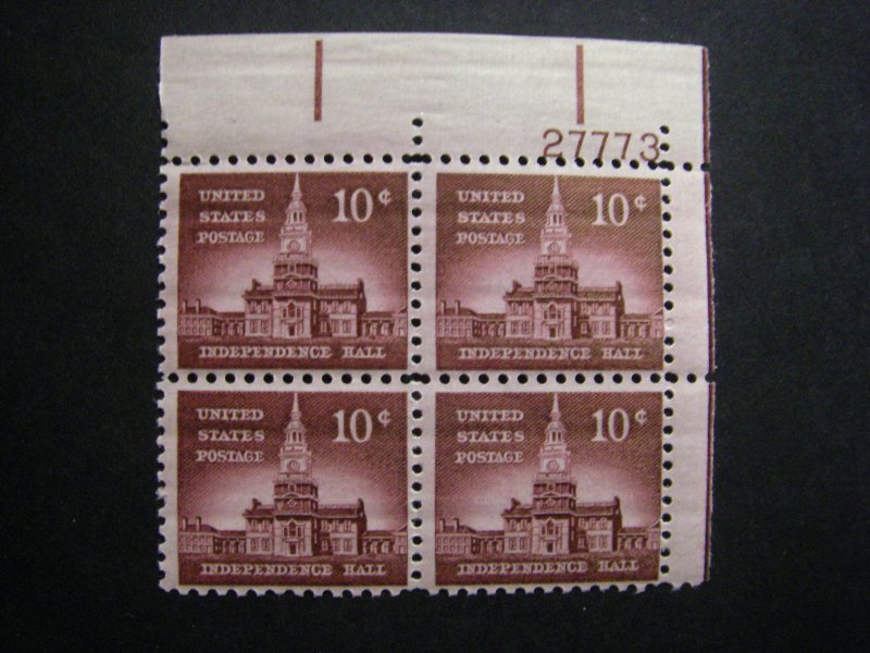 Scott 1044, 10c Independence Hall, PB4 #27773 UR, MNH Liberty, Durland premium