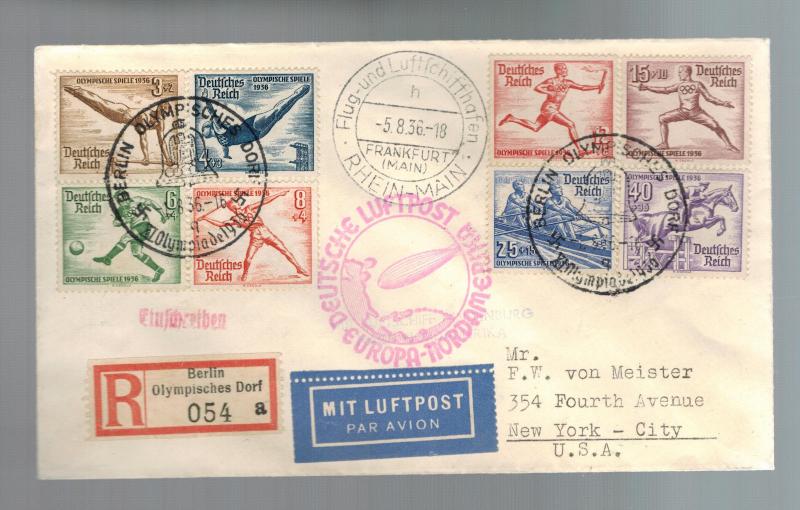 1936 Germany Hindenburg Zeppelin Olympics Cover to USA comp set # B82-B89 LZ 129